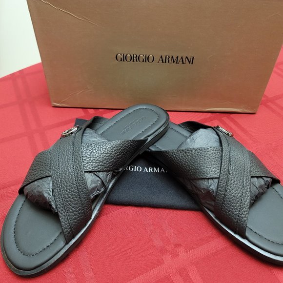 Auth GIORGIO ARMANI Midnight Black Leather Slides Giorgio Armani Men main image 4